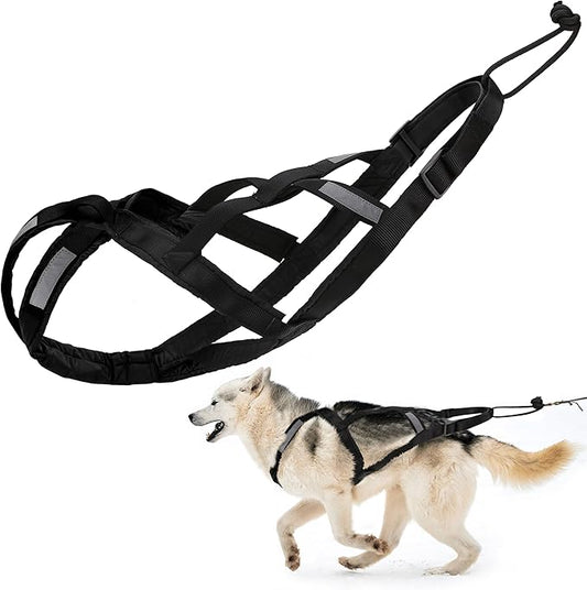 Dog Pulling Harness (L, Black) X Back Mushing Husky Harness for Sled Exercise, Pet Sledding, Bikejoring, Skijoring, Running, Canicross Scootering, for Average Sized Dog About 45-50LBS