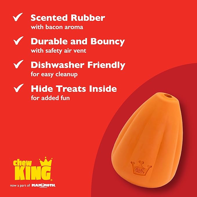 Chew King by Mammoth Premium Treat Dog Toy, Extremely Durable Natural Rubber Toy, Bacon Flavored Dog Treater, Medium - Orange