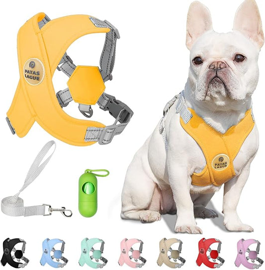 Patas Lague Dog Harness with Leash Set Adjustable Soft Padded Step-in Dog Vest No Choke No Pull Reflective for Small Medium Pets with Poop Bags and Dispenser, Solid and No-chew, Yellow M