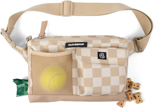 Dog Walk & Train Sling Bag - Hands-Free 2-In-1 Treat Pouch, Poop Bag Holder, Clicker, Phone Pocket - Crossbody/Fanny Pack, Adjustable Strap - Checkerboard
