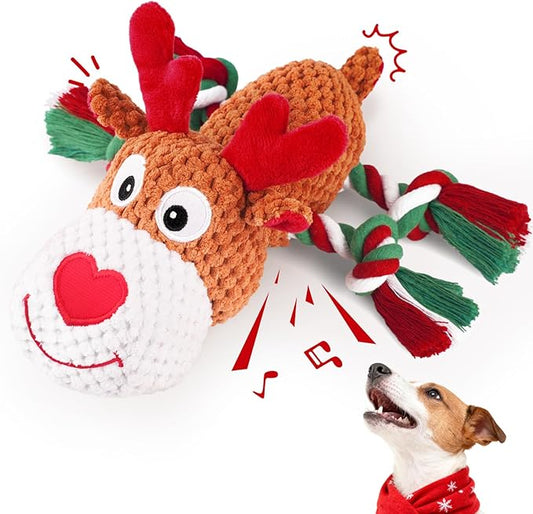 Plush Rope Reindeer Dog Toy – Durable Squeaky Tug Toy for Small, Medium & Large Dogs, Interactive Chew & Fetch Puppy Toy
