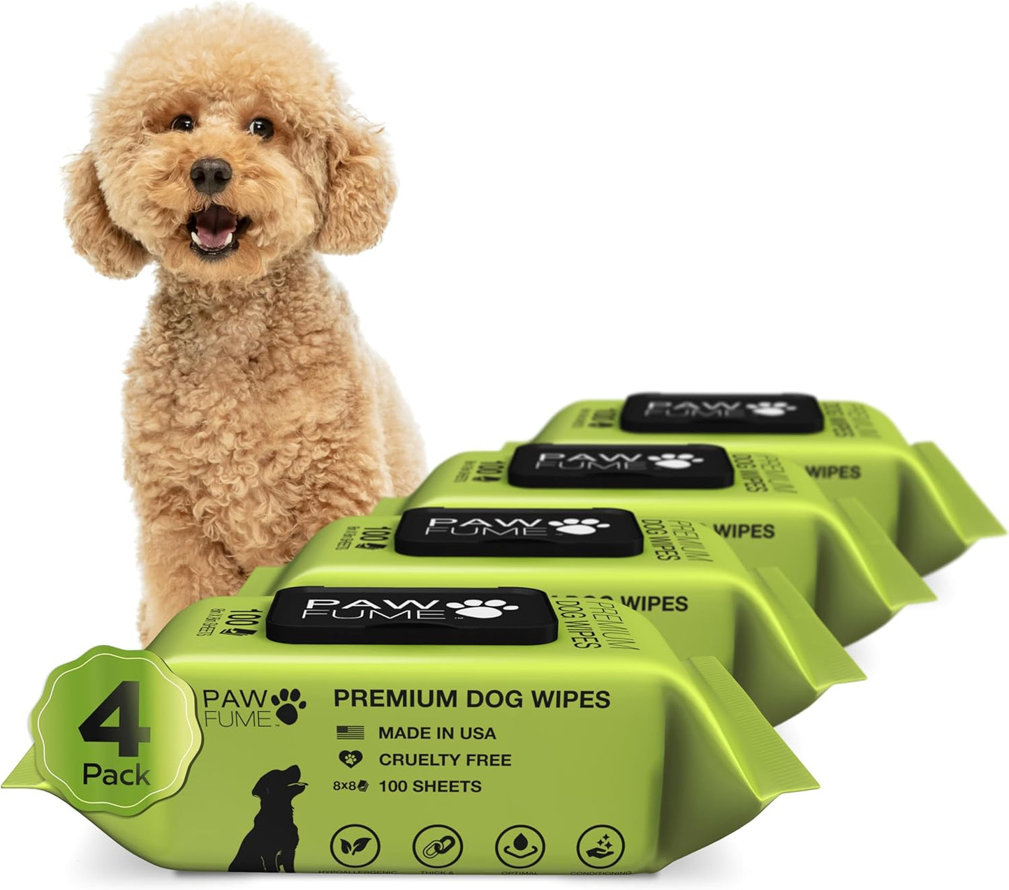 Pawfume Dog Wipes 4 x 100 Count, Pet Wipes – Hypoallergenic & Gentle Dog Wipes for Eyes, Face, Butt, and Paws – Cleaning & Deodorizing, Grooming Tear Stain Wipes for Puppy, Adult Dogs & Cats