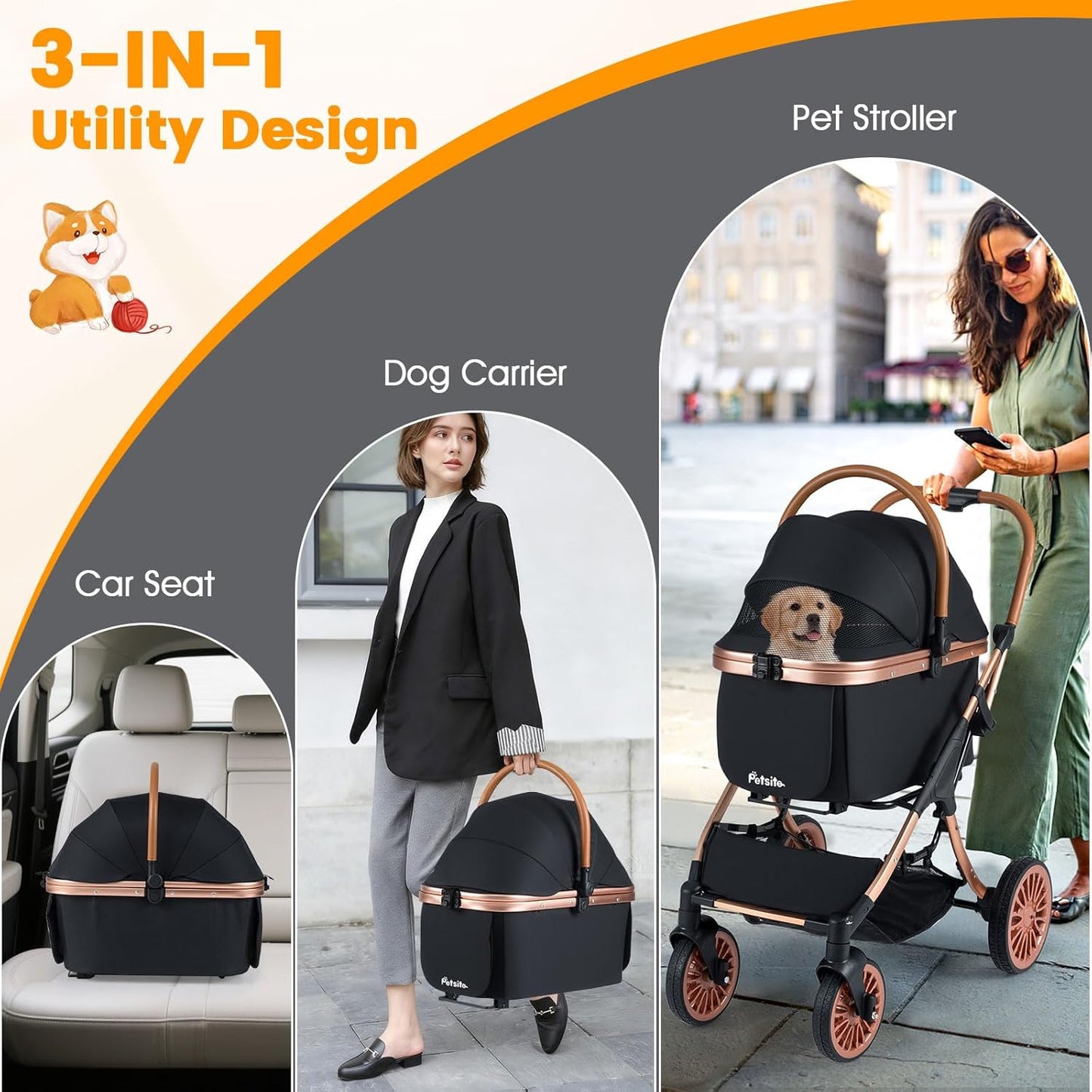 PETSITE 3-in-1 Pet Stroller for Small & Medium Sized Dogs, Foldable 4 Wheels Dog Stroller with Removable Carrier, Sun Shade, Removable Pad, Safety Belt, Storage Basket & Cup Holder