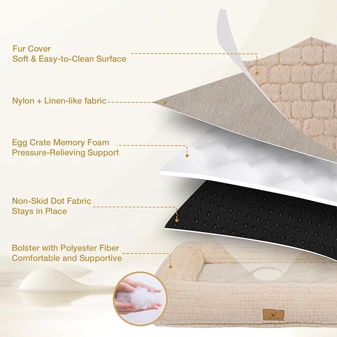 Plush Orthopedic Dog Bed for Medium Large Dogs, Memory Foam Bolster Sofa Bed with Removable Washable Cover, Waterproof Lining & Non-Slip Bottom (Tan-S)