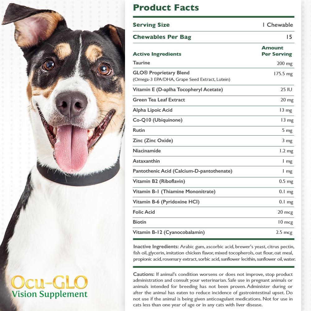Ocu-GLO Cat & Dog Senior Supplement for Eye Support - Chewable Vision Vitamins Supplements for Large and Small Pets Care with Lutein, Omega-3 Fatty Acids, Grape Seed Extract & Antioxidants