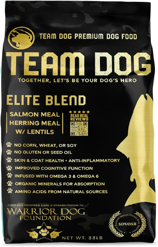 Team Dog Elite Blend Salmon Dog Food with Herring & Lentils | High Protein Dog Food for Sensitive Stomachs & Skin | Chicken Free, Gluten Free, GMO Free, No Corn, Wheat or Soy (33 lb)