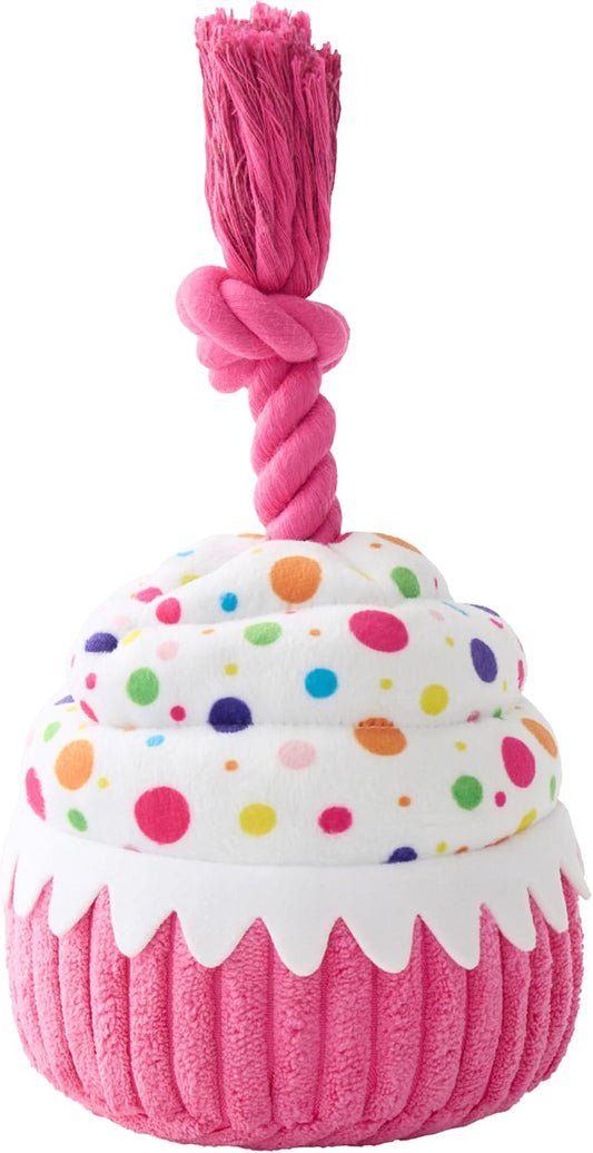 LE SURE Dog Birthday Cake Toy - Cute Squeaky Dog Toy for Gentle Chewers with Interactive Tug Rope, Plush Interactive Toy for Adult Dogs Birthday Party, Standard, Pink