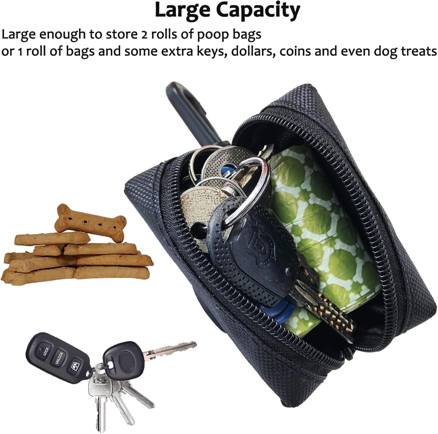 (2 Pack) Dog Poop Bag Holder, Poop Bag Holders for Leashes, CAKOVANO Doggie Waste Bag Dispenser Small Doggy Poop Bag Zipper Pouch with Carabiner Clip with 4 Rolls of Pet Trash Bags, Black