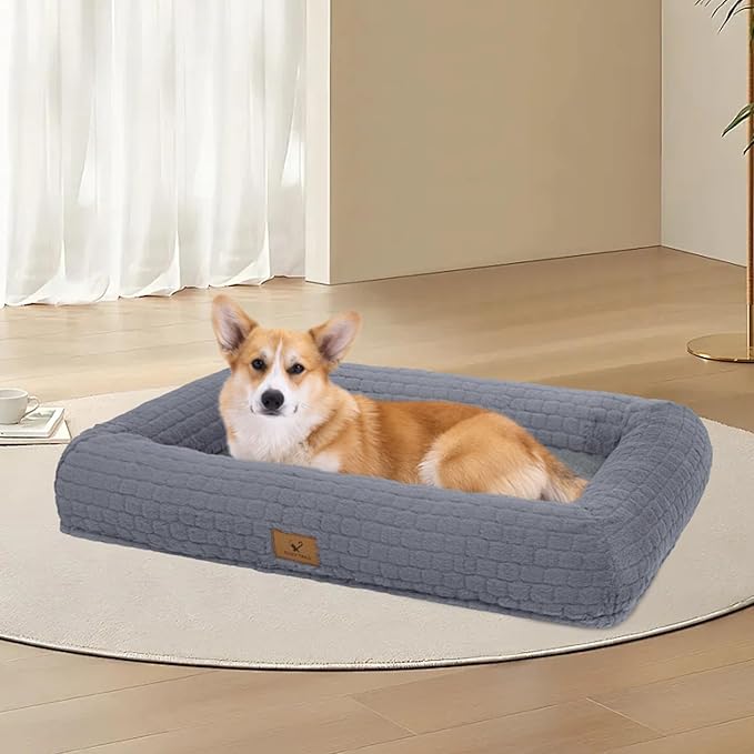 Plush Orthopedic Dog Bed for Medium Large Dogs, Memory Foam Bolster Sofa Bed with Removable Washable Cover, Waterproof Lining & Non-Slip Bottom (Grey-L)