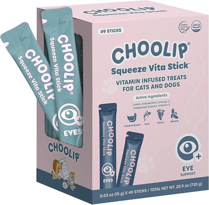 Choolip Squeeze Vita Stick Lickable Cat and Dog Treats – 49-Count Eye Support Sticks with Multivitamins, Soft Squeezable Paste for All Life Stages, Supporting Eye Health
