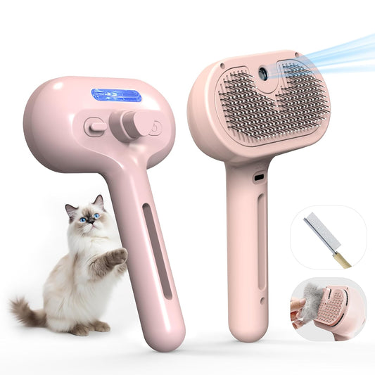 Pet Grooming Brush with Electronic Mist Spray - Gentle Deshedding Tool for Cats & Dogs, Pet Steam Brush，Reduces Shedding, Soft Bristles, Promotes Healthy Coat-Comes with a hair smoothing comb-Red