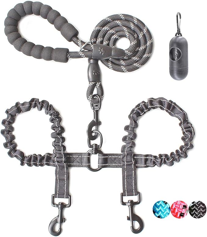 BAAPET Double Dog Leash, 4 FT Rope Dog Leash with Tangle Free Shock Absorbing Bungee and Poop Bags for Dual Small Medium Large Dogs (Small, Black)