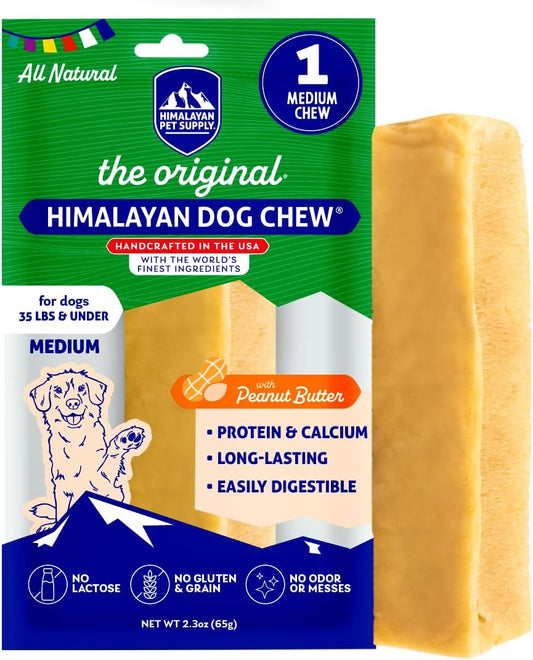 Himalayan Dog Chew Original Yak Cheese Chew, Peanut Butter, 1 Medium Stick, 2.3 oz, Gluten Free, Healthy Treats, Grain & Lactose Free 100% Natural, Long Lasting, for Dogs Under 35 lbs