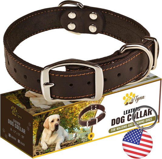 ADITYNA Heavy Duty Black Leather Dog Collar - Soft and Strong Medium Dog Collar for Walking, Training, Hiking, and Running (Medium: Fit 13" - 20" Neck, Black)
