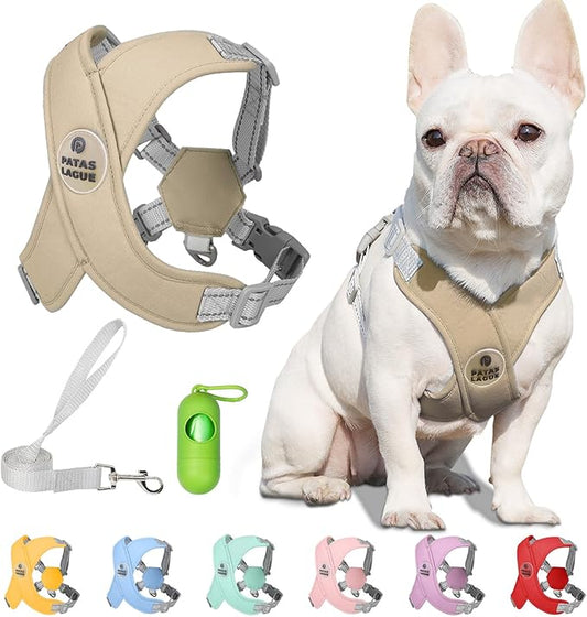 Patas Lague Dog Harness with Leash Set Adjustable Soft Padded Step-in Dog Vest No Choke No Pull Reflective for Medium Pets with Poop Bags and Dispenser, Solid and No-chew, Brown L