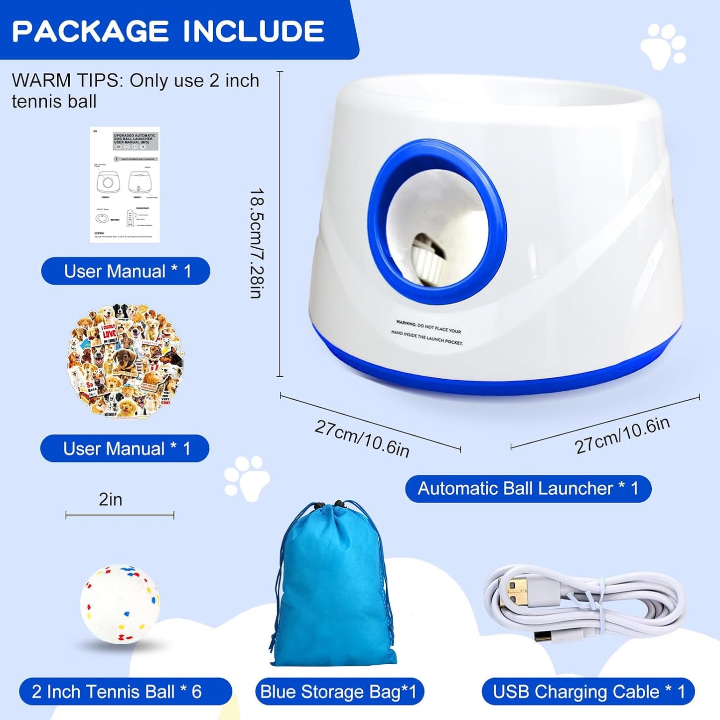 Automatic Ball Launcher for Dogs, Dog Ball Thrower with 19-32-45Ft Distance, Rechargeable Automatic Launcher with 6 Balls (2.2"), Dog Ball Launcher for Small & Medium Blue