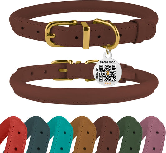 BronzeDog Rolled Leather Dog Collar with QR ID Tag, Adjustable Soft Round Collars for Small Medium Large Dogs Puppy (16" - 19" Neck Size, Cognac Brown)