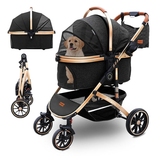 Pettingzoo Dog stroller with 4 Wheels, Folding Cat Stroller for Small/Medium/Large dogs & cats to 60 lbs, pet stroller with removable carrier, Storage Basket,Cup Holder,3 in1 Multifunctiona Detachable