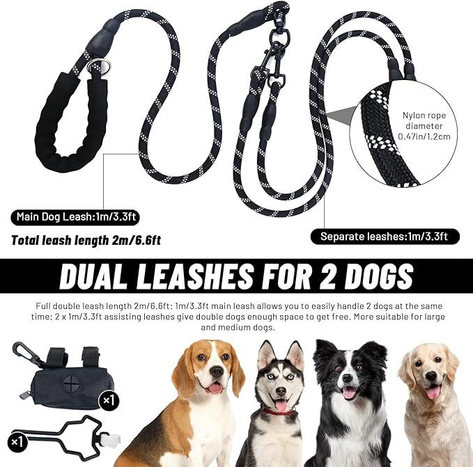 Double Dog Leash for Two Dogs, Heavy Duty Reflective Double Leashes for 2 Dogs, 360° Swivel Dual Dog Leash Tangle Free Large Dogs & Medium Dogs, with 2Pcs Dog Poop Bag Holder, Black
