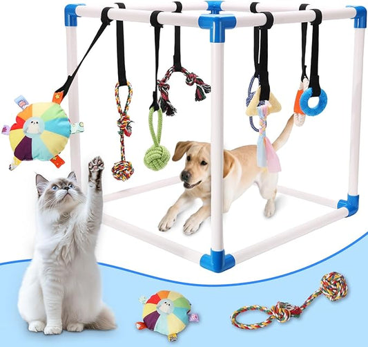 Puppy Play Gym with 8 Hanging Toys -Small Dogs Indoor Jungle Gym-Adjustable PVC Frame, Teething & with Mental Stimulation