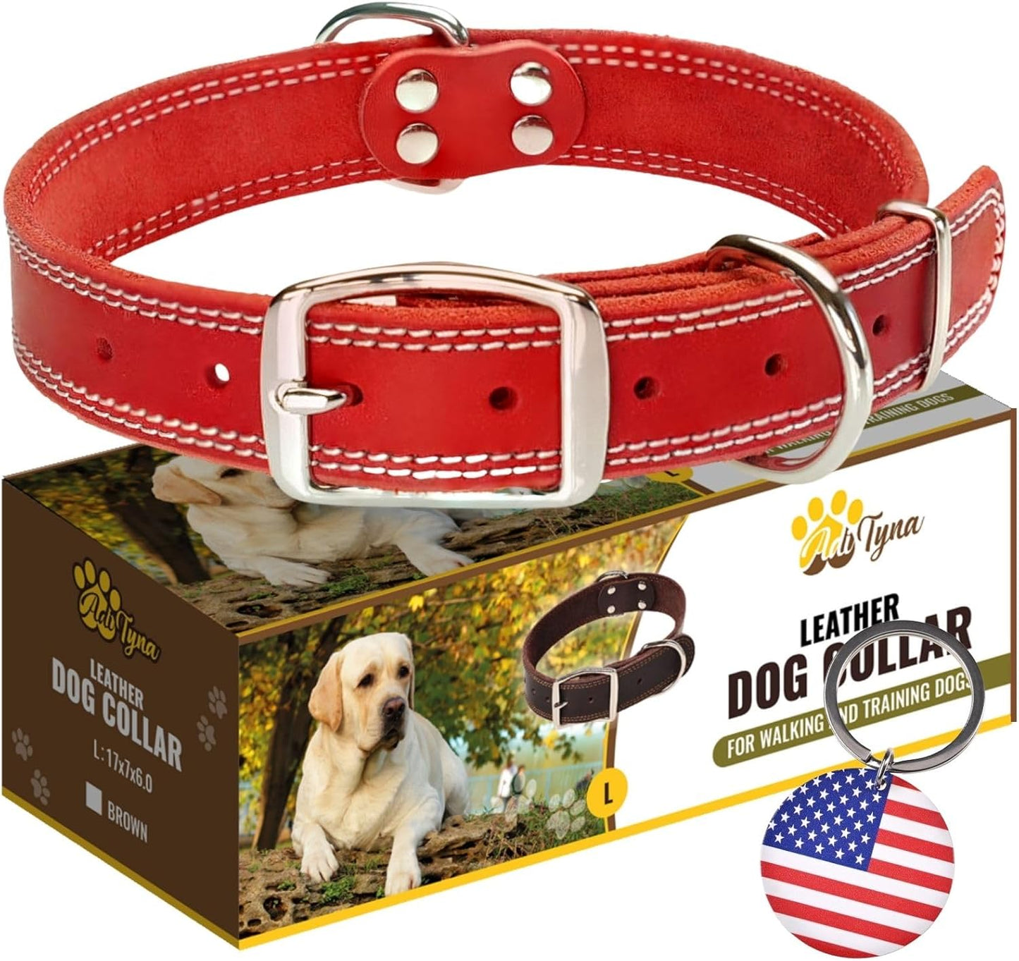 ADITYNA Heavy Duty Leather Dog Collar for Extra-Large Dogs - Soft and Strong Red Leather Collar for XL Breeds