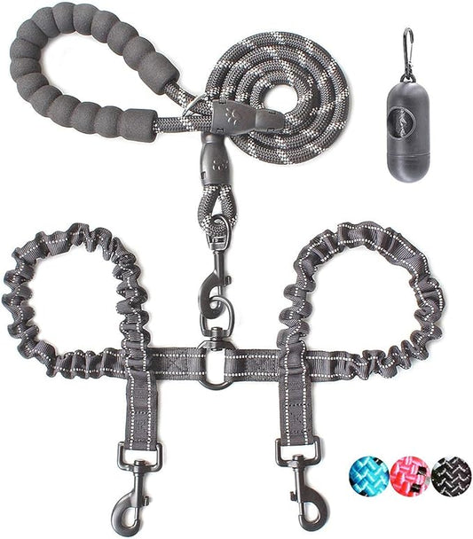 BAAPET Double Dog Leash, 4 FT Rope Dog Leash with Tangle Free Shock Absorbing Bungee and Poop Bags for Dual Small Medium Large Dogs (Medium/Large, Black)