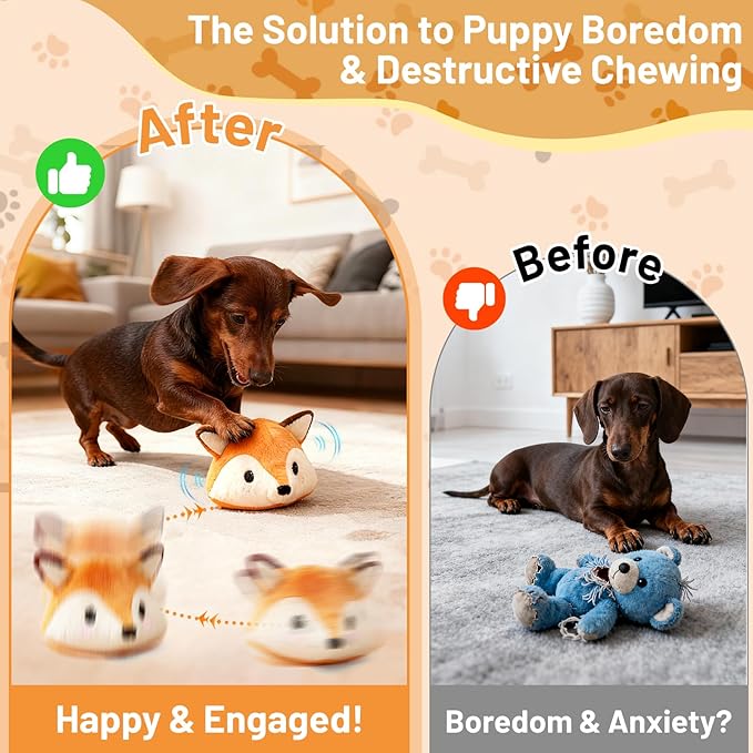 Interactive Fox Puppy Toy for Anxiety & Boredom Relief - Automatic Self-Moving, Bouncing & Vibrating with Sound for Mental Stimulation | Rechargeable & Chew-Resistant for All Breed Sizes