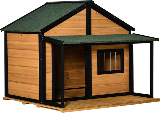 PawHut Outdoor Dog House Cabin Style, Wooden Raised Pet Kennel with Asphalt Roof, Front Door, Side Window, Porch for Medium/Large Dogs, Loading 53 lbs, Yellow