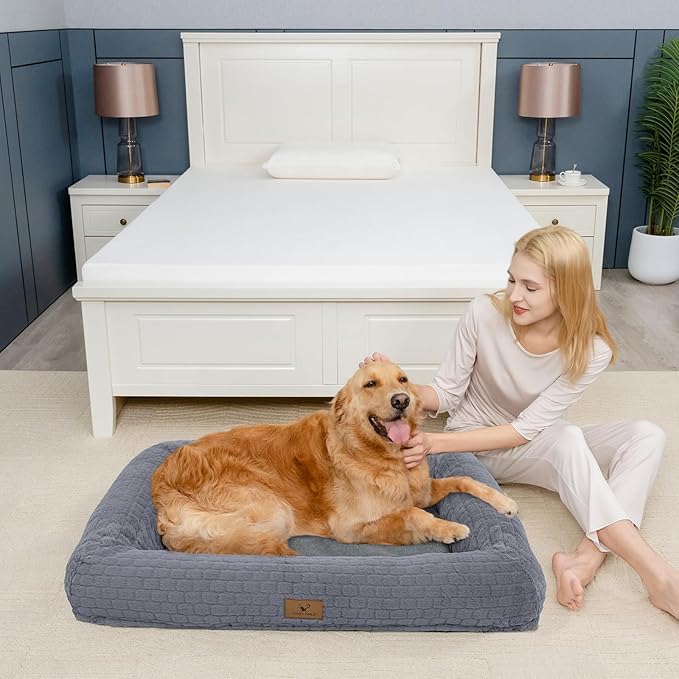 Plush Orthopedic Dog Bed for Medium Large Dogs, Memory Foam Bolster Sofa Bed with Removable Washable Cover, Waterproof Lining & Non-Slip Bottom (Grey-L)