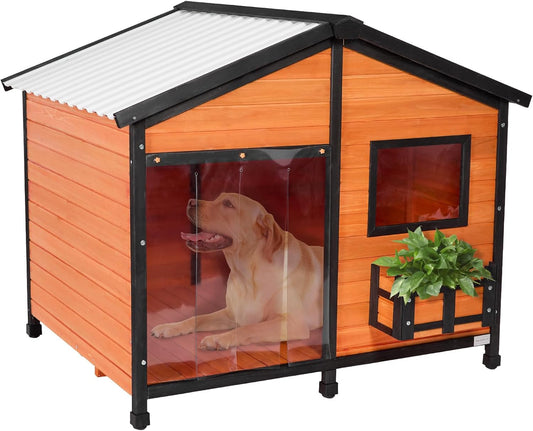 Petsfit Large Dog House Outdoor, Wooden Shelter for Extra Large Breeds Up to 200lbs, Weatherproof Roof, Removable Bottom Panel & Elevated Floor, 47-Inch, Natural Brown
