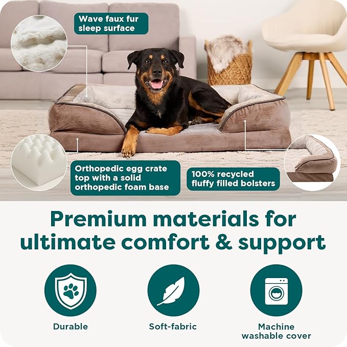 Furhaven Orthopedic Dog Bed for Large/Medium Dogs w/ Removable Bolsters & Washable Cover, For Dogs Up to 55 lbs - Plush & Velvet Waves Perfect Comfort Sofa - Brownstone, Large