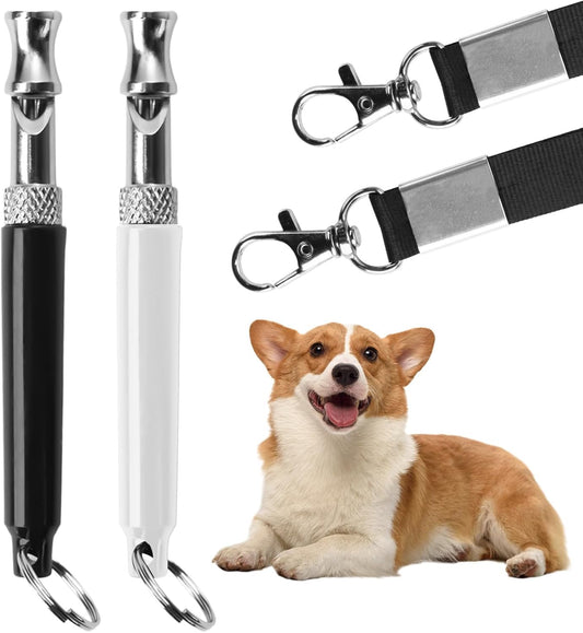 Dog Whistle, 2Pcs Dog Whistle to Stop Barking Neighbors Dog - Adjustable Ultrasonic to Stop Barking and Recall Training with Lanyard (Black and White)