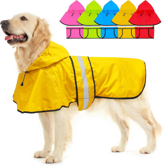 Dog Raincoat - Reflective Waterproof Dog Rain Jacket with Hoodie Lightweight Rain Coat for Small Medium Large Dogs (Large, Yellow)