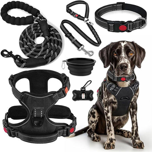 No Pull Dog Harness, Collar & Leash Set | Includes Dog Seat Belt, Collapsible Bowls & Poop Bag Dispenser. Ideal for Training, Walking, Hiking. Fits Small to Large Dogs(Black-L)