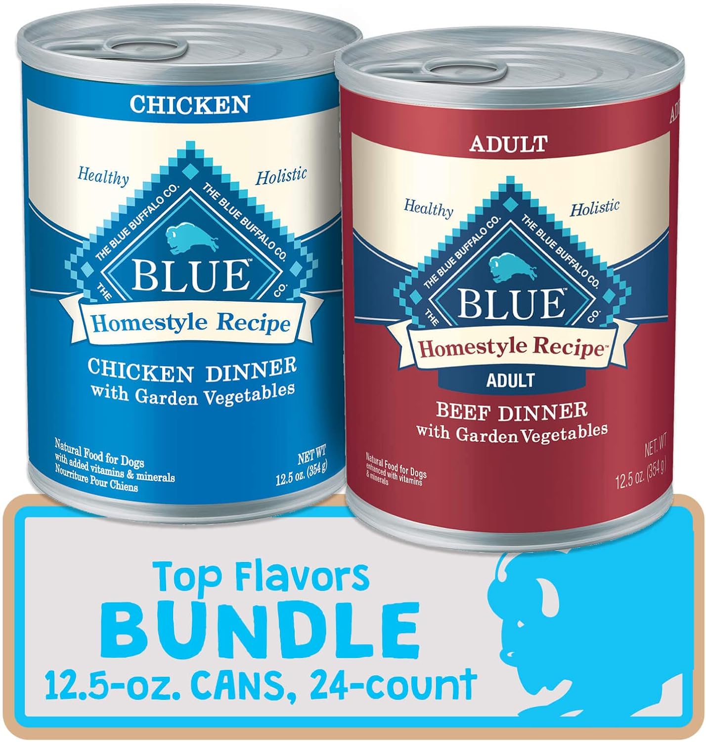 Blue Buffalo Homestyle Recipe Natural Adult Wet Dog Food Variety Pack, Chicken & Beef 12.5-oz Can (24 Count- 12 of Each Flavor)