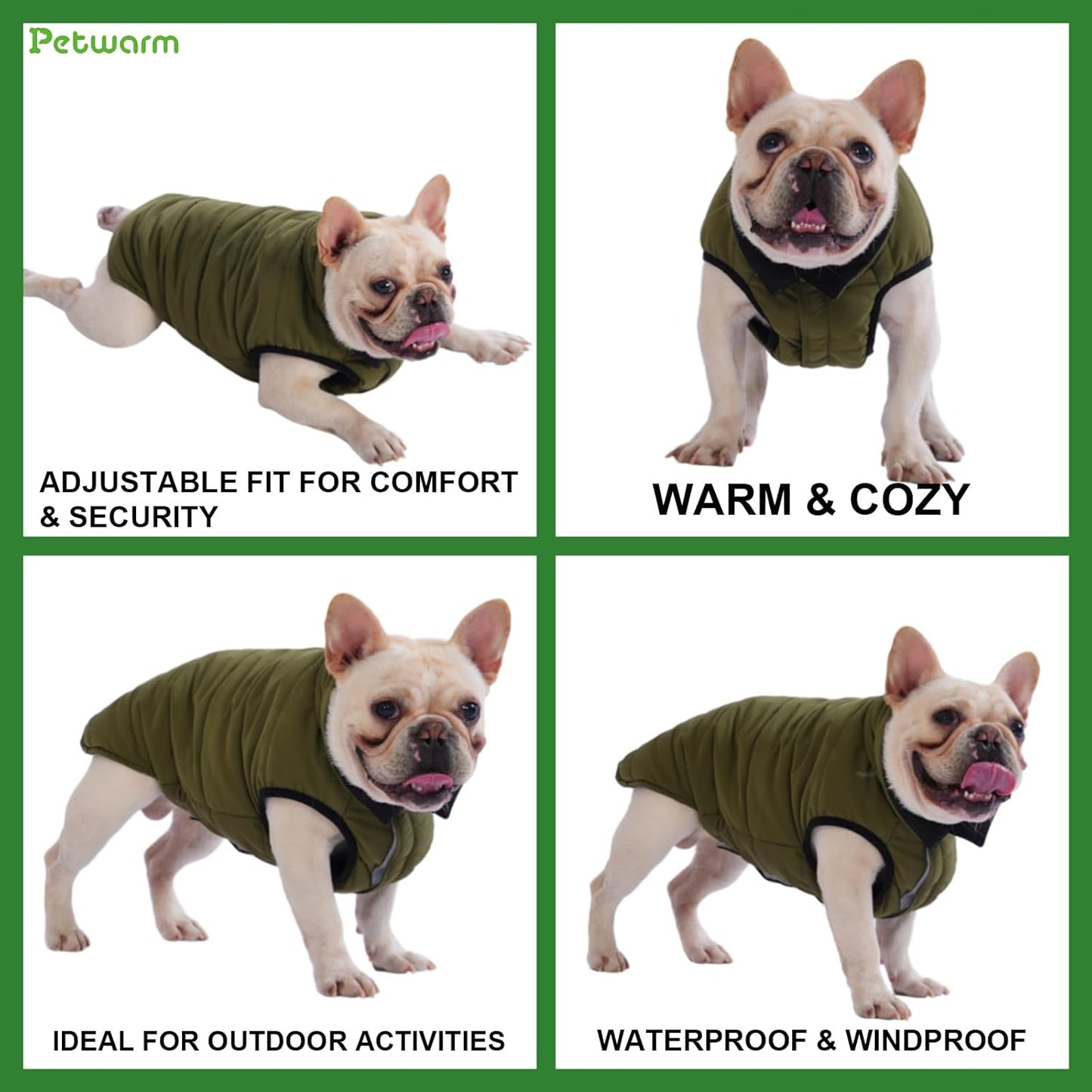 PetWarm Reversible Dog Winter Coat, Windproof Dog Puffer Vest, Soft Vest for Dogs with Hook-and-Loop Strap for Easy Dressing, Waterproof Coat for Dogs with Adjustable Fit, Green, S