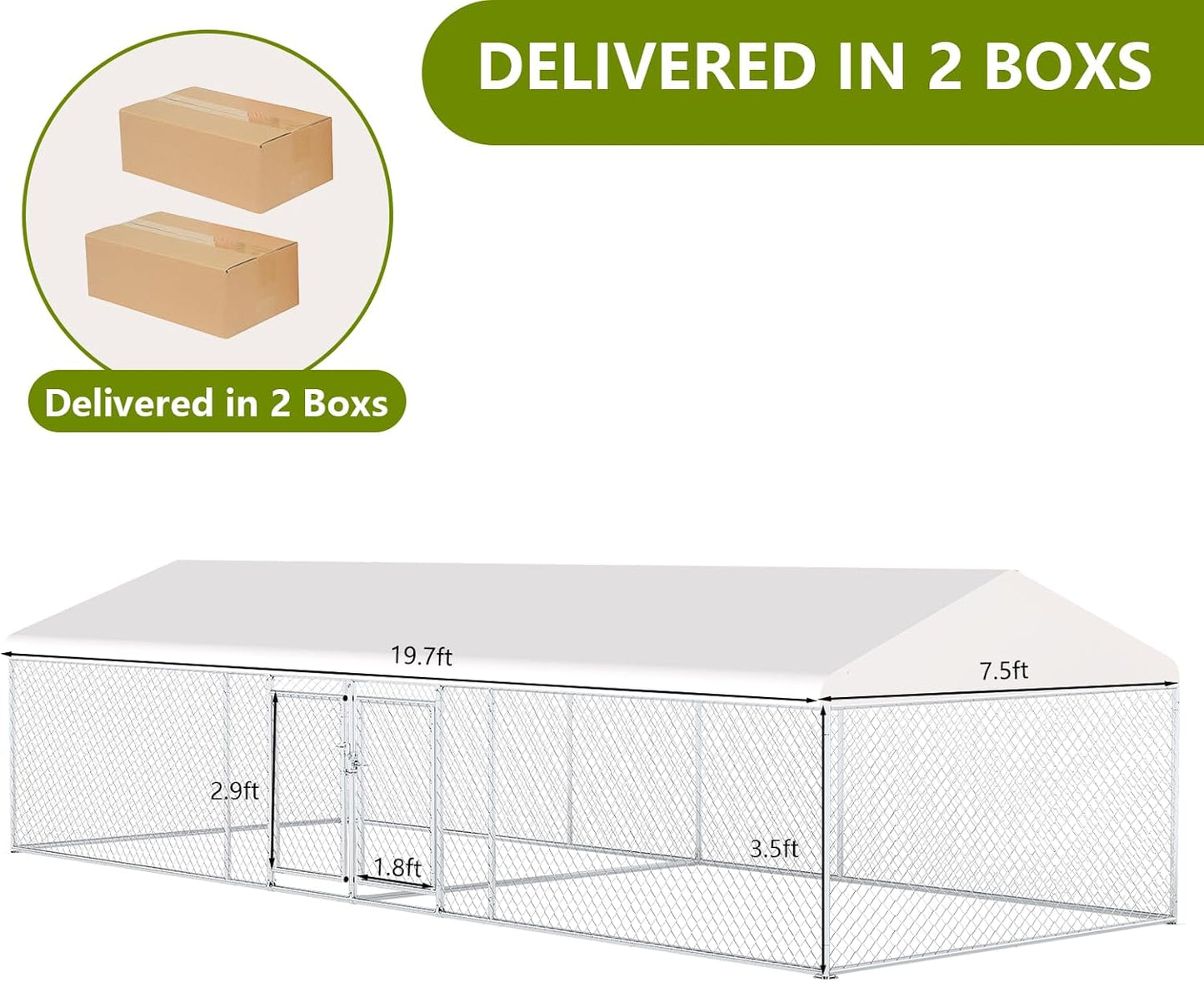Rovibek 7.5 ×19.7 FT Outdoor Dog Kennel with Roof, Two Rooms Dog Kennel Outside with Waterproof Sunproof Cover, Galvanized Heavy Duty Dog Kennel and Enclosure for Outside with Secure Lock