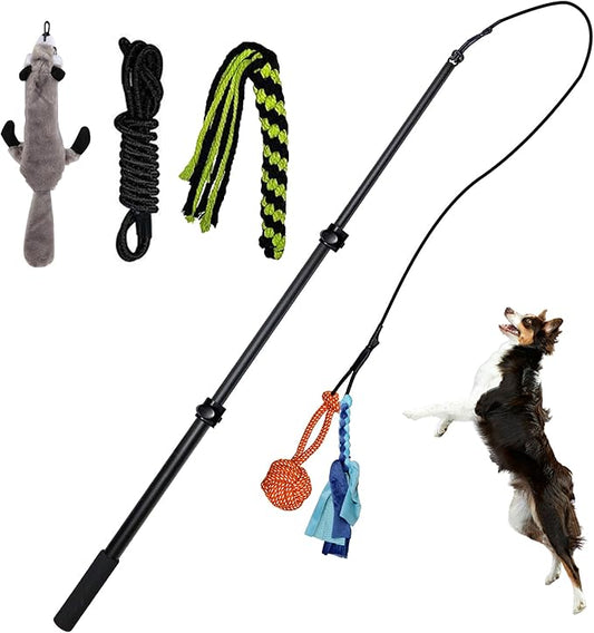 Flirt Pole for Dogs,Collapsible Extendable Dog Teaser Wand with Plush Squeaky Toy、Chase Rope, Ball Toy, Agility Training Equipment Playing Exercise Tools for Small Medium Large Dogs