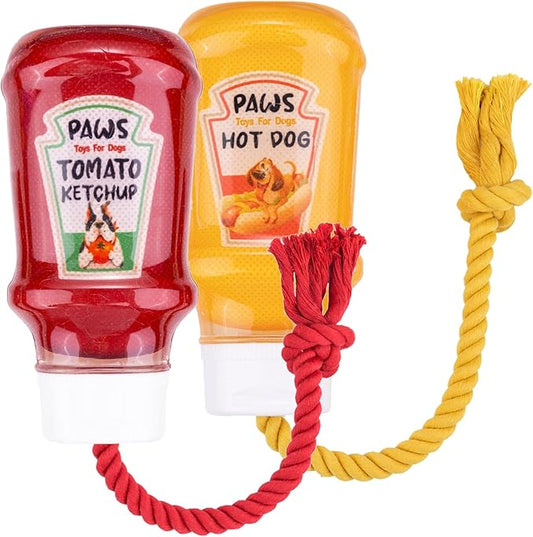 Fuzzl TPR Ketchup & Mustard TPR Rubber Dog Toy - Rope Chew Toy Set 2 - Tough Toy
