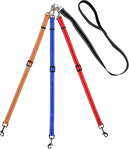 3 Way Dog Leash Reflective Adjustable Coupler No Tangle Detachable 3 in 1 Multiple Dog Leash with Soft Padded Handle for 1 2 3 Dog Pet Cat Puppy Walking Training (3 Way Multi-Color)