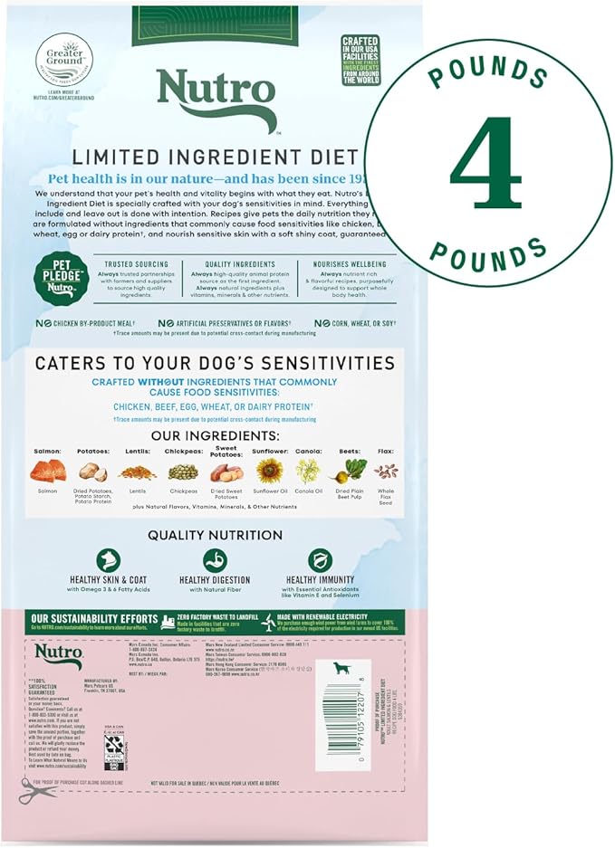 Nutro Limited Ingredient Diet Adult Dry Dog Food, Salmon & Lentils Recipe, 4 lbs.