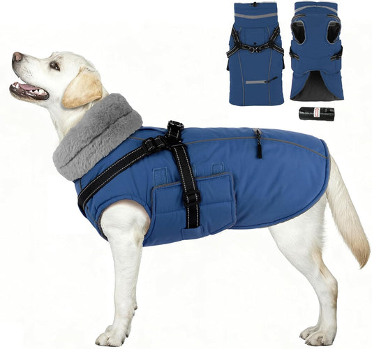 PETDSH Dog Coat Large, Built-in Harness Dog Jacket with Warm Fleece Lining, Waterproof Reflective Dogs Winter Coat, Pet Coats with Pocket and Trash Bags (Navy Blue, XXX-Large)