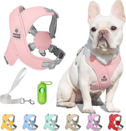 Patas Lague Dog Harness with Leash Set Adjustable Soft Padded Step-in Dog Vest No Choke No Pull Reflective for Small Medium Pets with Poop Bags and Dispenser, Solid and No-chew, Pink S
