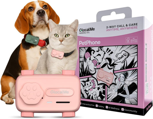 GlocalMe PetPhone for Dog and Cat, Support Play Music and Two-Way Call, Pet Community and AI Health Alerts, Real Time Tracking and Virtual Fence, Unlimited Range Pet GPS Tracker (Pink)
