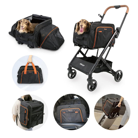 ibiyaya - Compact 3-in-1 Convertible and Foldable Small Pet Carrier and Stroller Combo System, Travel Friendly Cat Stroller and Dog Stroller - Pets up to 17 Pounds - Black