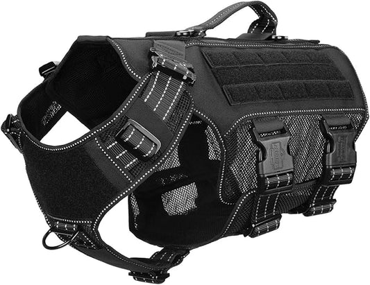 ICEFANG Tactical Mesh Dog Harness for X-Large Dogs,Reflective Dog Molle Vest with Metal Buckles,Hook and Loop Panels,No Pulling Front Clip for Walking Hiking Training (X-Large (Pack of 1), Black)