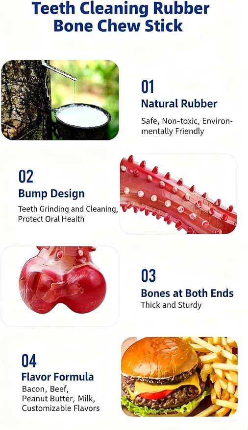 Natural Rubber Dog Chew Toy, Red, Dental Cleaning Bone with Bump Design, Teeth Grinding Stick (Beef Flavor)