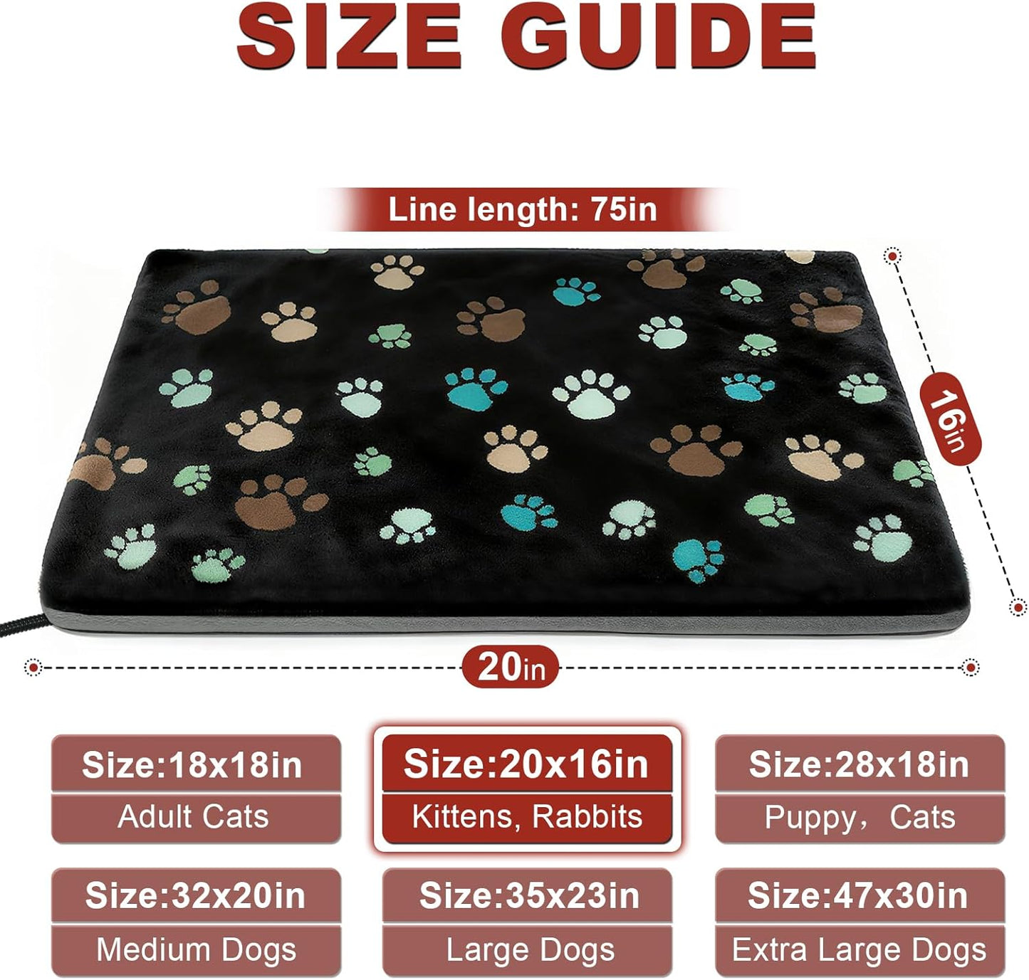 Pet Heating Pad 20x16 in with Smart Thermostat Switch and Power Line Protection Tube,Obtained MET and UL Dual Certification,Waterproof Pet Heating Pad for Dogs with Plush Fabric Cover-Black