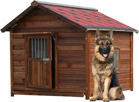 Extra Large Wooden Dog House Outdoor for Large Breed,Weatherproof Outside Doghouse Shelter with Door,Woof,Insulated Warm Goat House for Outside,Easy Clean and Assemble