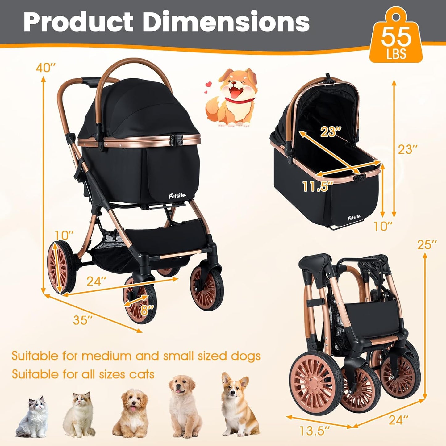 PETSITE 3-in-1 Pet Stroller for Small & Medium Sized Dogs, Foldable 4 Wheels Dog Stroller with Removable Carrier, Sun Shade, Removable Pad, Safety Belt, Storage Basket & Cup Holder